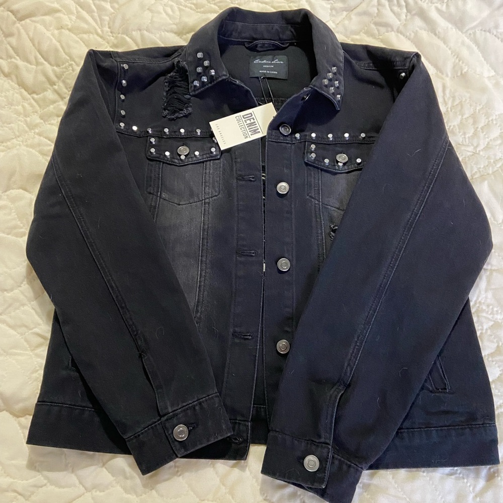 Black Denim Studded and Distressed Jacket